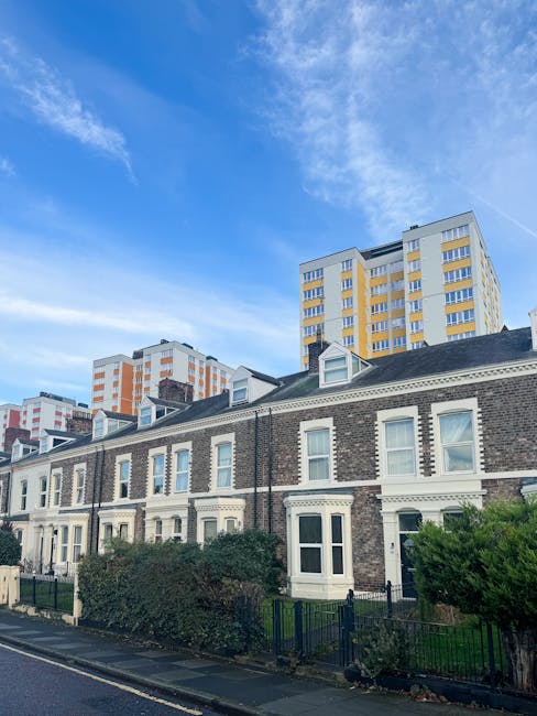 A row of four-story Victorian-style terraced houses made of dark grey brick with white window frames and decorative elements, situated behind a grassy lawn with some leafless trees in the foreground.